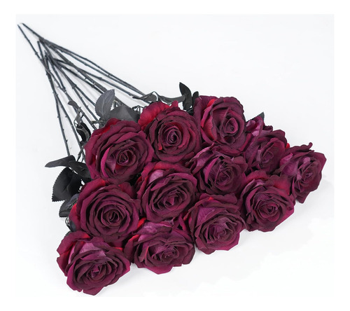 12 Rosas Artificiales Color Vino Con Tallo Largo, Ramo De Ro