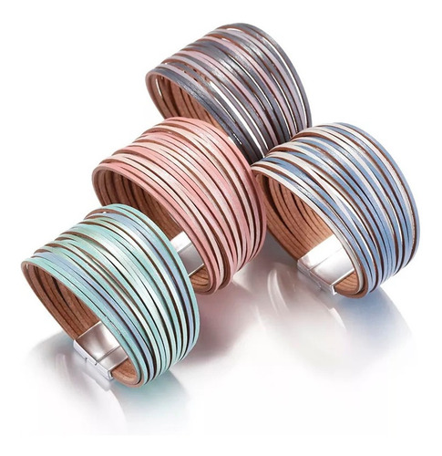 Imagen 2 de 10 de Pulsera Mujer Brazalete Ancho Piel Cuero Broche Magnético