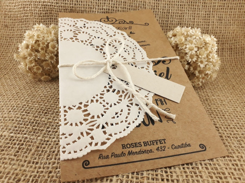 Imagem 1 de 5 de Convite 2,25 Unid + Brinde, Rústico Casamento Kraft 100 Unid