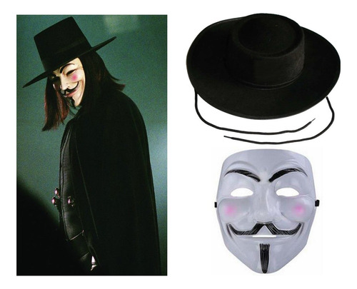Fantasia Mascara Chapéu V De Vingança Anonymous Halloween Mp Cor Preto