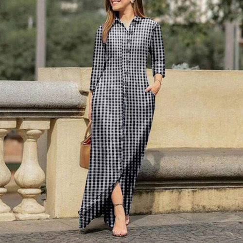 Vestido De Solapa Con Estampado De Cuadros Escoceses Mujer