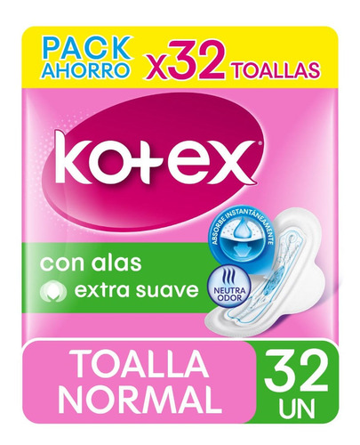 Toalla Higiénica Kotex Normal Con Alas Extra Suave 32 Un