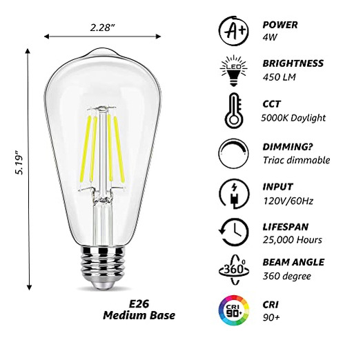 Paquete De 16 Bombillas Led Edison Equivalentes A 40 W, Led