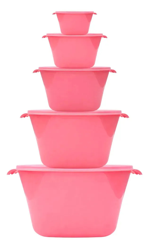 Kit Potes Bacias Livre De Bpa Com Tampa 5 Tamanhos Cor Rose
