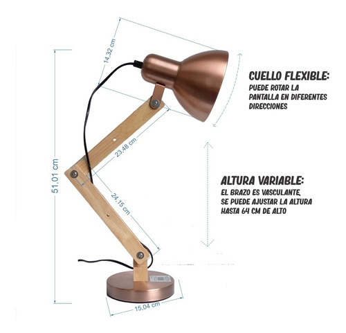 Imagen 5 de 7 de Lampara De Mesa Escritorio Brazo Flexible Base Fija Cobre
