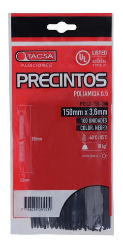 Precinto Prensacable Nylon 300mm X 7.6mm X100 Unid Tacsa