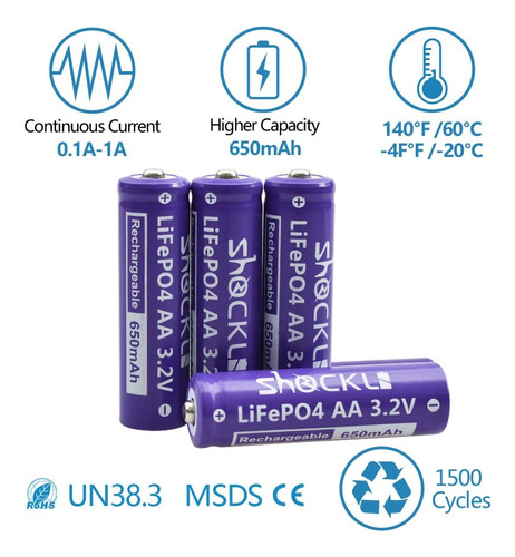 Paquete De 4 Baterías Shockli Aa Tamaño Lifepo4 De 650 Mah,