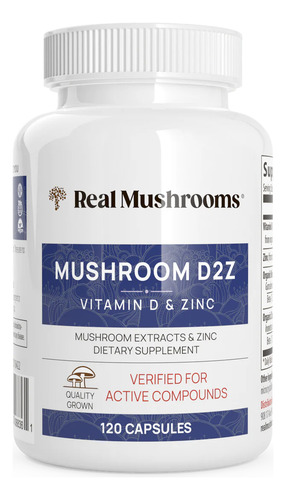 Real Mushrooms Mushroom D2Z 120 Cápsulas Suplemento Dietético Vitamina D2 Vegana de Hongos Refuerza el Sistema Inmunológico Salud Ósea Energía y Bienestar General
