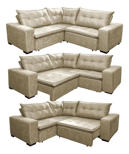 Sofa De Canto Retrátil Reclinável, Molas Cama Inbox Oklahoma Cor Bege Desenho do tecido