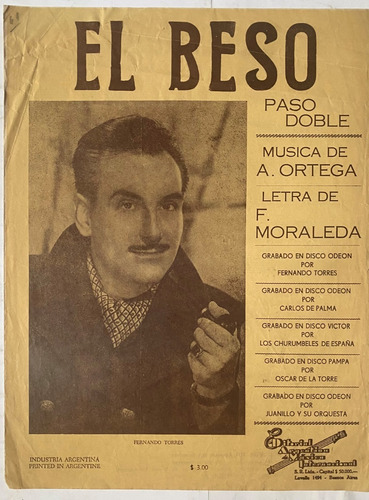 Antigua Partitura Paso Doble, El Beso A. Ortega, Moraleda Mv