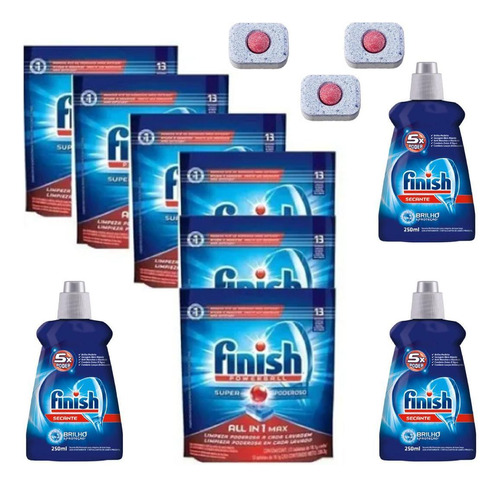 Finish 6 Detergentes Powerball + 3 Secante Sabão Lava-louças