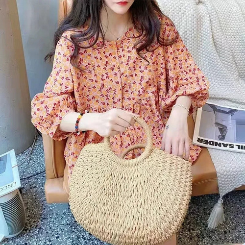 Camisa Holgada Con Cuello Redondo Y Manga De Farol Para Muje