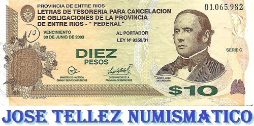 Ec# 335 Bono 10 Pesos Entre Rios Federal Serie C Mb- Palermo