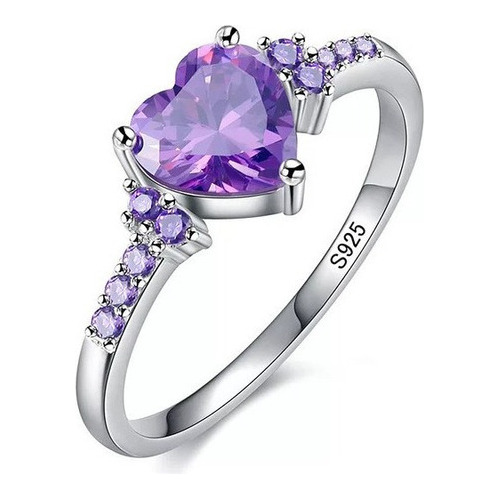 Anillo De Compromiso Corazón Morado Amatista Plata S925 Nf