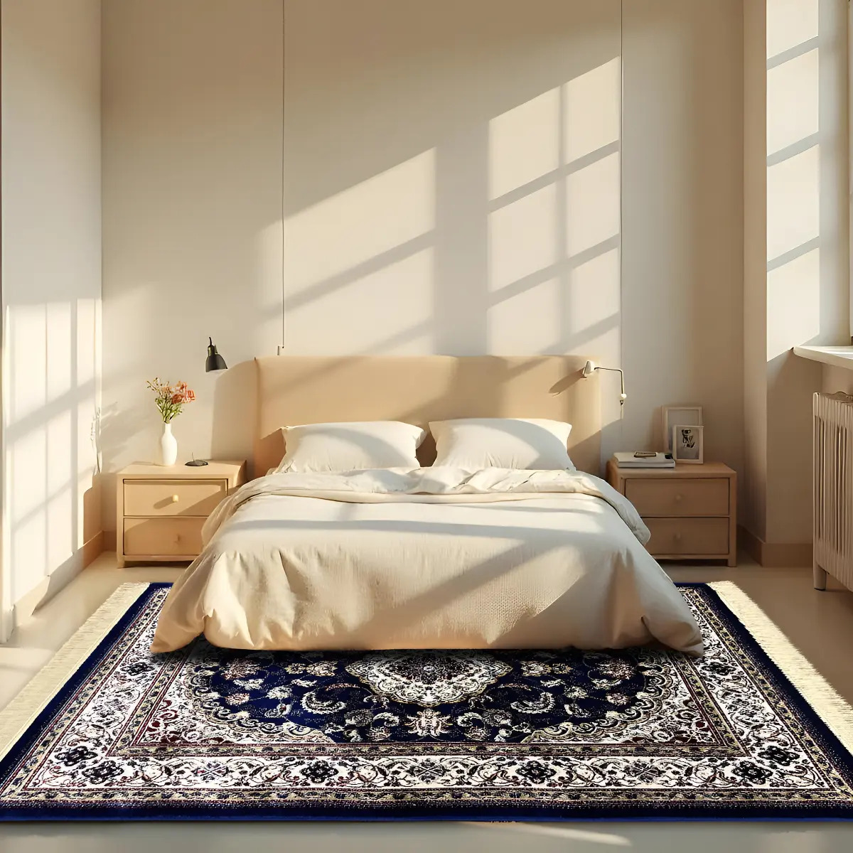1 Tapete Quarto Belga Beira De Cama Es Cl 200 X 250 D05 Comprimento 2.5 m Cor D5Cla Azul Vermelho Bege Desenho do tecido Classico Medalhão Floral Largura 2 m