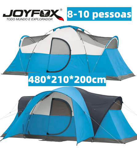 Joyfox Camping M-393 barraca grande de camping família 8-10 pessoas túnel impermeavel 2000mm 480*210*200cm cor azul