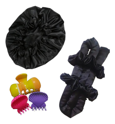 Gorro Antifrizz Cofia +rizador Ondas Sin Calor+broche+colita Negro