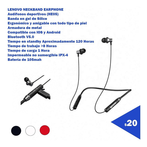 Audífonos Inalámbricos Bluetooth Lenovo Neckband