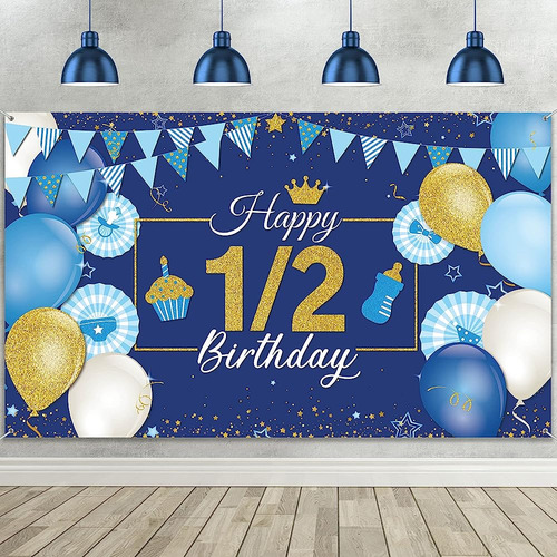 ~? 1/2 Decoración De Cumpleaños Fondo Azul Y Dorado Banner D