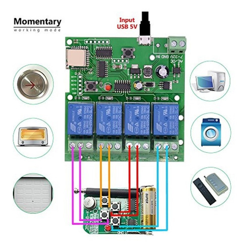 Imagen 8 de 10 de Smart Rele Wifi+rf Ewelink 4 Canales Na/nc 5vdc/7-32v Ac/dc