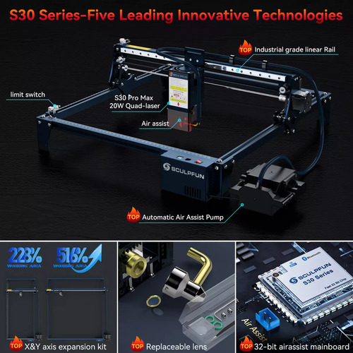 Máquina Gravação A Laser Sculpfun S30 Pro Max 20w E Rolo