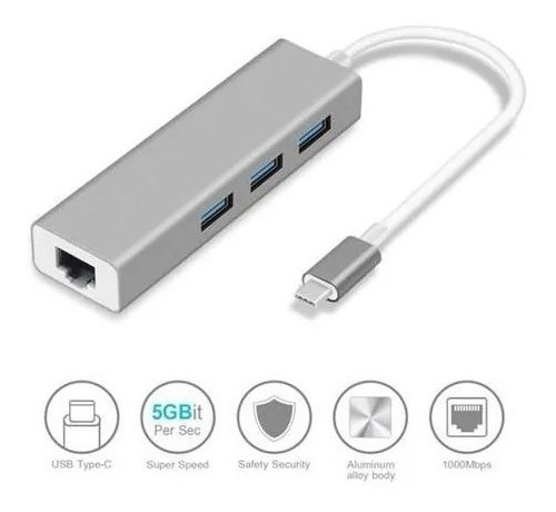 Hub Adaptador Tipo C 1000mbps Gigabit 3 Puerto Usb