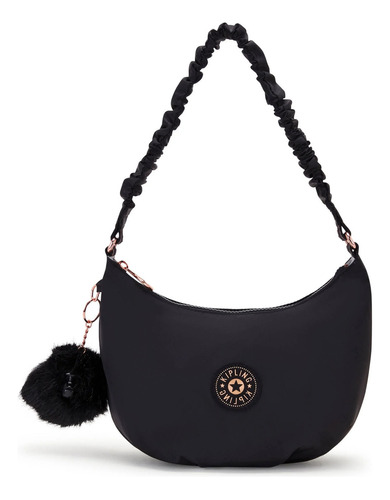 Bolsa Shoulder Bag Kipling Lidya Diseño Liso  Black Sateen Con Correa De Hombro Black Satten Asas Color Negro Y Herrajes Gold Rose