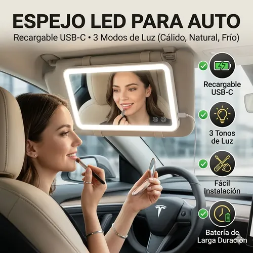Espejo De Maquillaje De Visera De Coche Con 3 Modos Luz Led