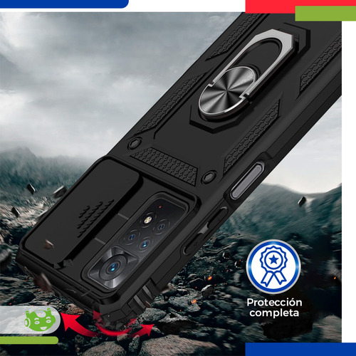 Una Carcasa Funda Para Celular Xiaomi Redmi Note 11 Uso Rudo Protección De Cámara Y Soporte De Anillo Incluye 2 Micas De Cristal Templado 9h Color Negro