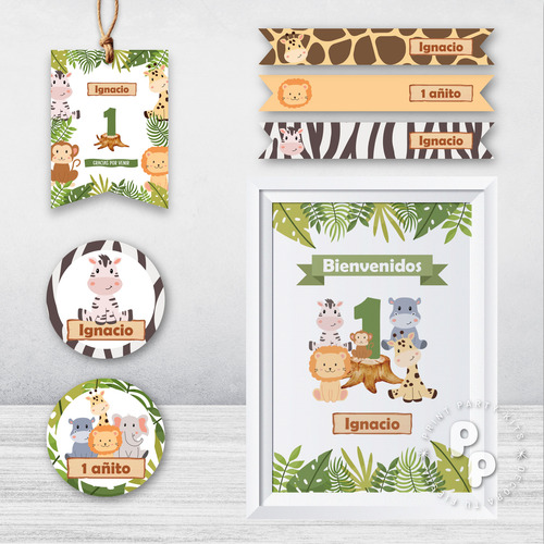 Kit Imprimible Cumpleaños Animales De La Selva Personalizado
