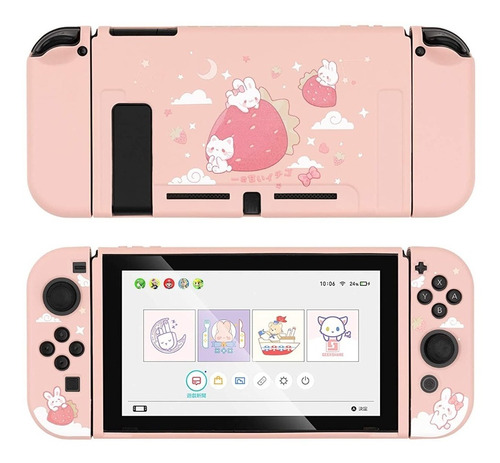 Carcasa Para Nintendo Switch Y Joycons Conejos Blancos Rosa