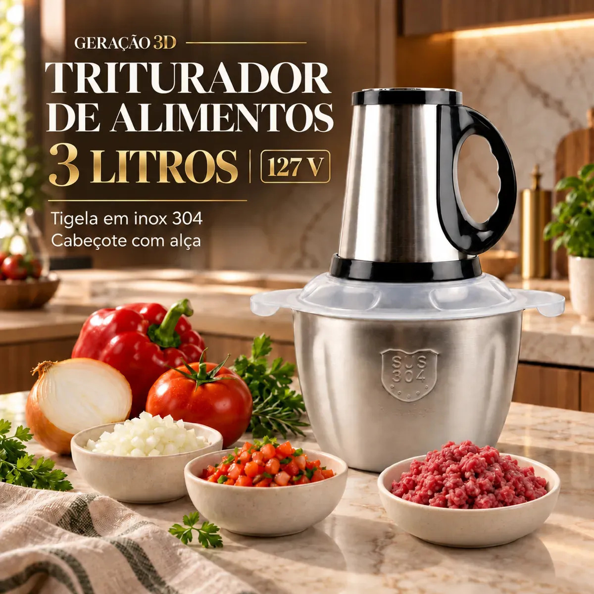 Triturador Alimentos Multiprocessador 3l Inox Eletrico Potente Cozinha Carne Legumes Frutas 127v