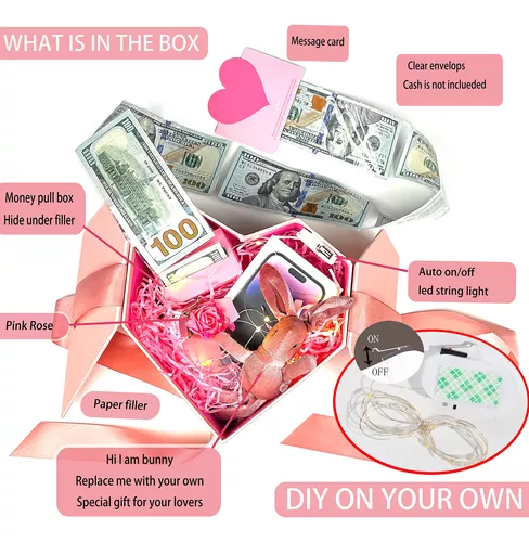 Caja de dinero para regalo en efectivo, color rosa, caja de regalo para  dinero en efectivo, caja de amor con kit de extracción de dinero y cadena  de