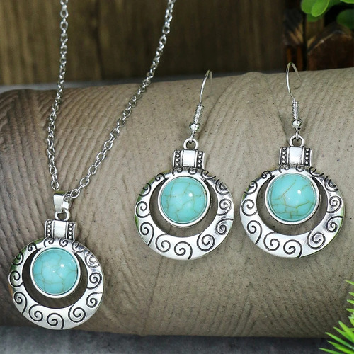 Conjunto Banhado A Prata Colar E Brincos Redondo Turquesa