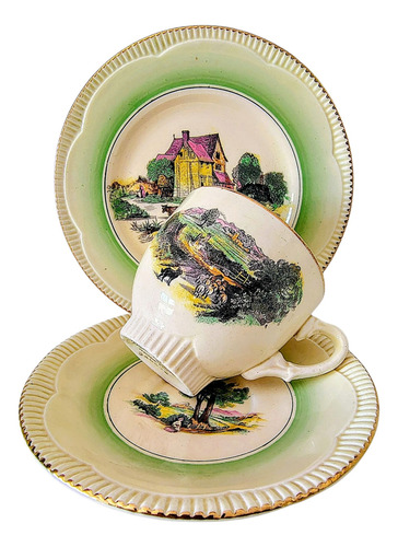 Trio De Té De Porcelana Inglesa Clarice Cliff Pintado A Mano Amarillo Y Verde Escenas Campestres (Usado)
