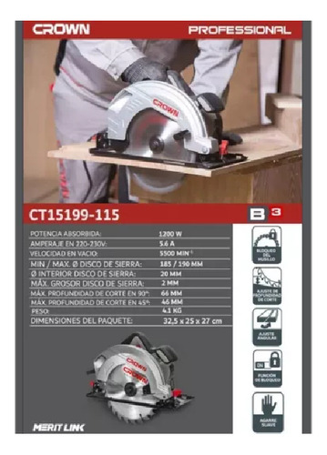 Sierra Circular 1200w 185mm 4,1 Kg Profesional Crown