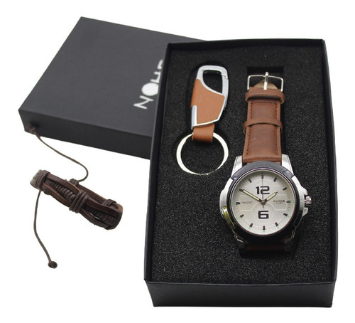 Reloj Hombre, Llavero Y Pulsera Set De Regalo Con Estuche