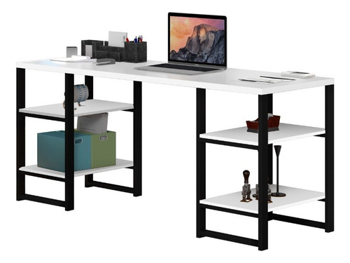 Mesa Escrivaninha 170cm Com 4 Prateleiras Estilo Industrial Preto/Branco