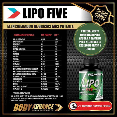 Combo Quemador De Grasa. Cla 60 Comprimidos + Lipo Five 60 Comprimidos. Body Advance