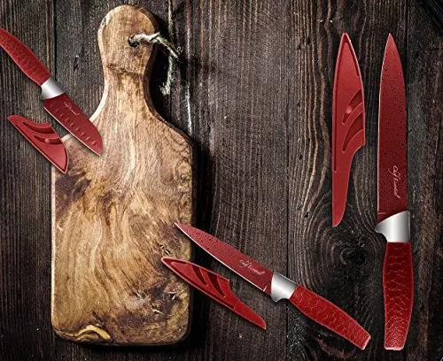 Chef Essential - Set De 6 Cuchillos Con Fundas A Juego, Rojo