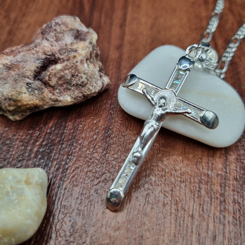 Dije Cruz De Cristo Grande Y Cadena De Plata + Color Plateado
