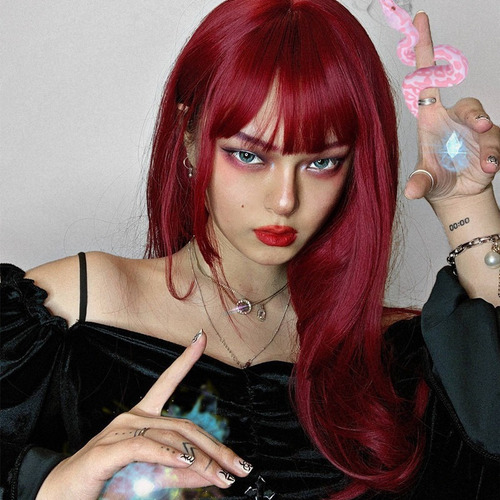 Peluca Larga Y Recta De Color Rojo Vino Para Mujer Con Flequ