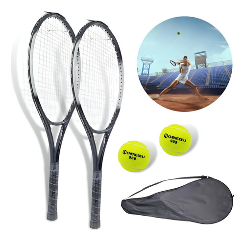 Set 2 Raquetas De Tenis + Pelota + Bolso De Traslado. Color Negro
