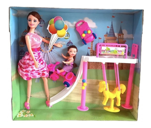 Muñeca Estilo Barbie Con Hermanita Y Parque De Diversión 