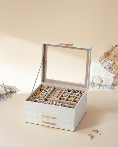 Caja Joyero De 3 Niveles Songmics Con 2 Cajones Color Blanco Nube Dorado
