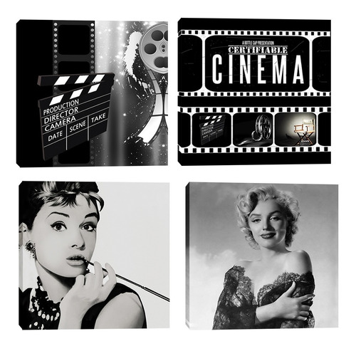 Kit 4 Quadros Para Sala Cinema Audrey Marilyn 60x60cm R2