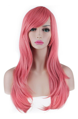 W Largo Rosa Ondulado Peluca Rizado Pelo Cosplay Pelucas