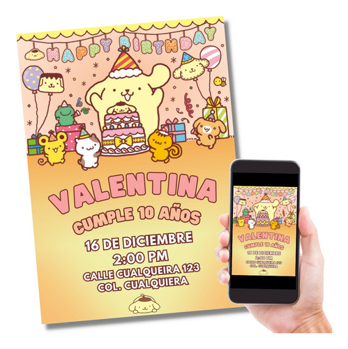 Invitación Digital Pompompurin Cumpleaños Fiesta