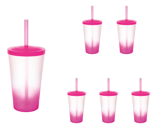 06 Copos Acrilico Degradê 550ml 6pcs Canudo Tampa Resistente Cor Rosa