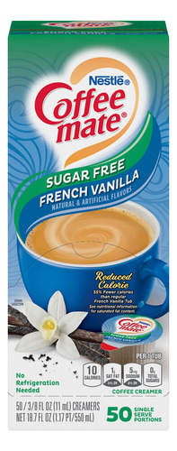 Crema De Café Nestle Coffee-mate, Vainilla Francesa Sin Azúcar, Crema Líquida Individual, 50 Unidades